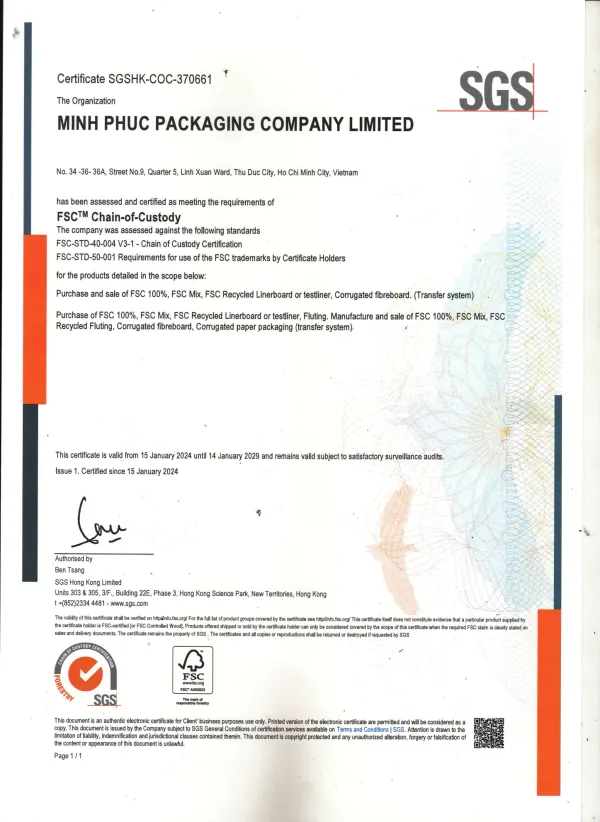 FSC Chain-of-Custody certificate of Minh Phúc Packaging issued by SGS