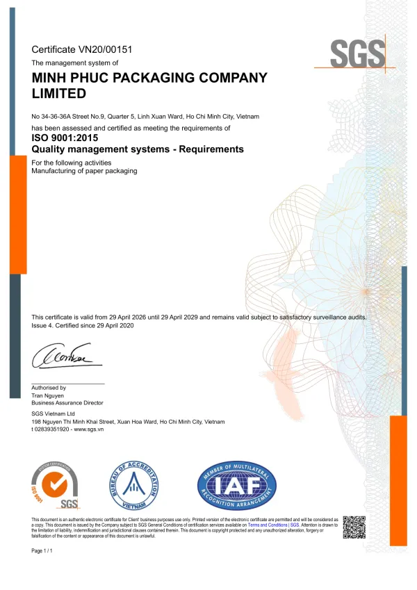 ISO 9001:2015 certificate of Minh Phúc Packaging issued by SGS